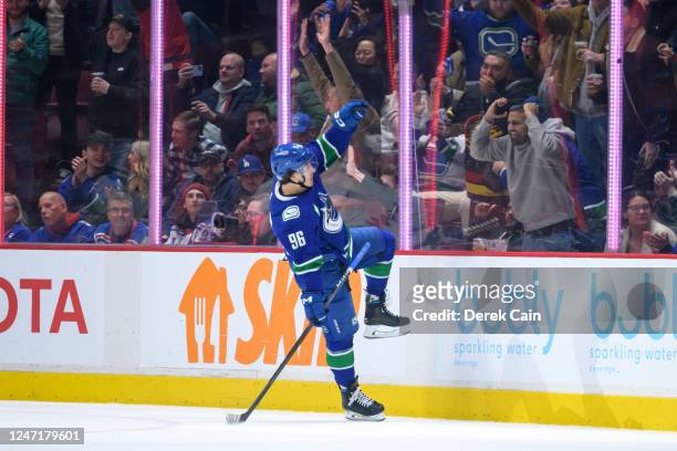 Andrei Kuzmenko of the Vancouver Canucks celebrates after scoring a goal against the New York Rangers during the third period of their NHL game at...