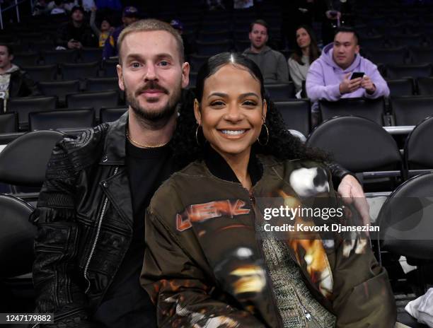Christina Milian and Matt Pokora attend a basketball game between the Los Angeles Lakers and the New Orleans Pelicansat Crypto.com Arena on February...