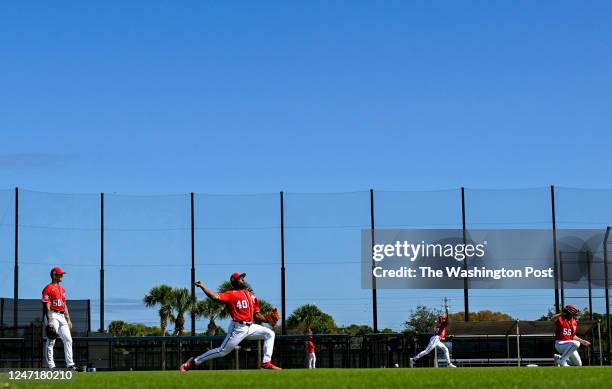 Washington Nationals starting pitcher Josiah Gray loosens up during spring training workouts at the training complex on February 15, 2023.