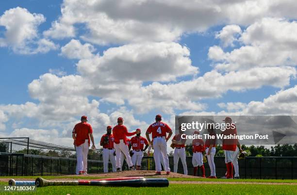 Washington Nationals manager Dave Martinez works with his pitchers during spring training workouts at the training complex on February 15, 2023.