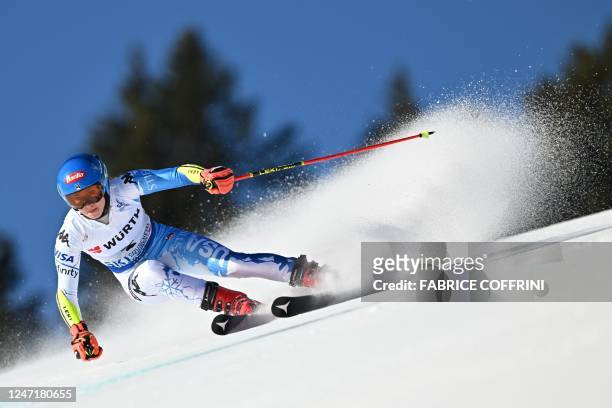 Mikaela Shiffrin competes in the first run of the Women's Giant Slalom event of the FIS Alpine Ski World Championship 2023 in Meribel, French Alps,...