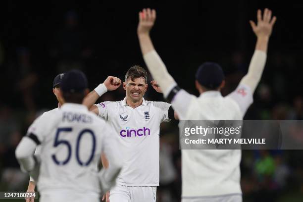 England's James Anderson celebrates catching New Zealand's Kane Williamson for a LBW during day one of the first cricket Test match between New...