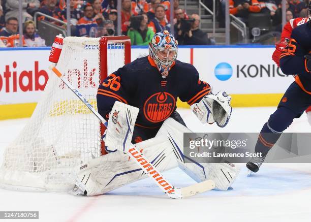 Jack Campbell of the Edmonton Oilers set up to make a save in the second period against the Detroit Red Wings on February 15, 2023 at Rogers Place in...