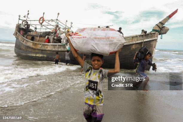 Some 50 Rohingya adults and children are stranded on Lampanah beach, in Aceh Besar on 16 February 2023.