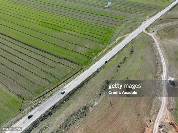 An aerial view of crack on a barley field at the district of Islahiye in Gaziantep, Turkiye on February 16, 2023. Long and deep crevices were formed...