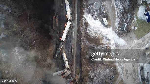 This video screenshot released by the U.S. National Transportation Safety Board shows the site of a derailed freight train in East Palestine, Ohio,...