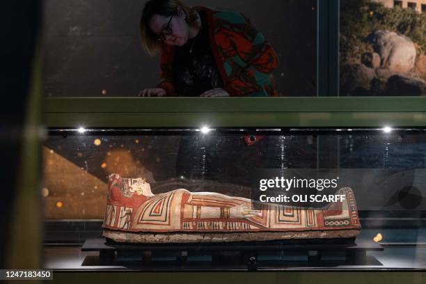 Member of staff inspects a mummy cover for a young girl in the Golden Mummies of Egypt exhibition in Manchester Museum prior to the museum's...