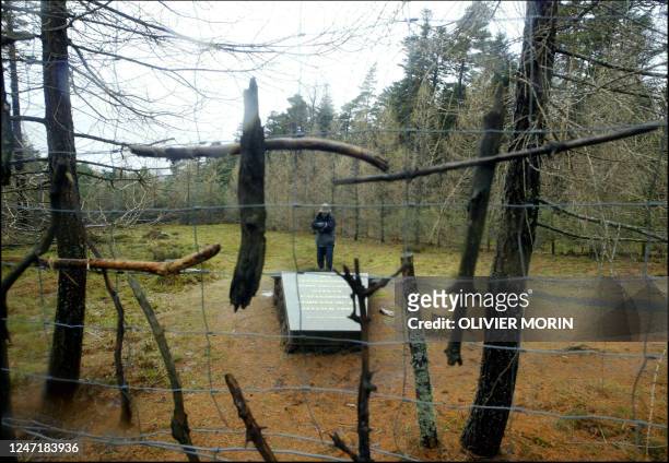 Un homme se recueille, le 12 janvier 2004, devant la stèle érigée à la mémoire des victimes du crash de l'Airbus A-320 sur le Mont Sainte-Odile, le...