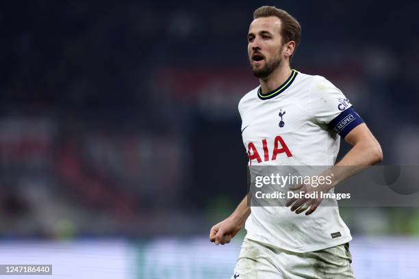 Harry Kane of Tottenham Hotspur looks on during the UEFA Champions League round of 16 leg one match between AC Milan and Tottenham Hotspur at...