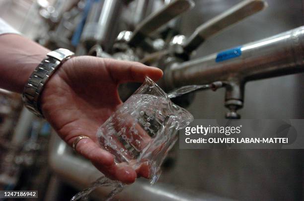 Une employée de la société d'exploitation de l'eau minérale gazeuze d'Orezza , effectue un test de pureté de l'eau, le 21 décembre 2004. Réputée...