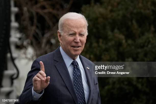 President Joe Biden gestures toward reporters as he walks toward Marine One on the South Lawn of the White House February 16, 2023 in Washington, DC....