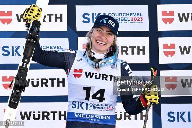 Third placed Norway's Ragnhild Mowinckel celebrates on the podium for the Women's Giant Slalom event of the FIS Alpine Ski World Championship 2023 in...