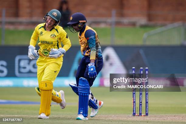 Sri Lanka's Sugandika Kumari reacts after being stumped out by Australia's wicketkeeper Alyssa Healy during the Group A T20 women's World Cup cricket...