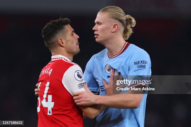 Granit Xhaka with Erling Haaland of Manchester City during the Premier League match between Arsenal FC and Manchester City at Emirates Stadium on...
