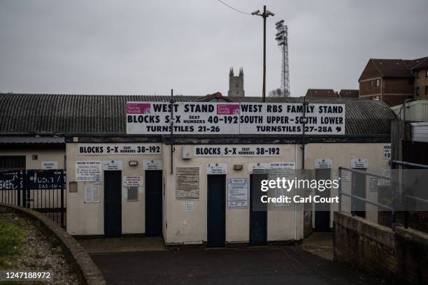 Signage surrounds closed ticket gates at Roots Hall football stadium, home of Southend United Football Club, on February 16, 2023 in Southend,...