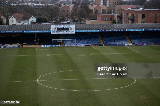 Roots Hall football stadium, home of Southend United Football Club, is pictured on February 16, 2023 in Southend, England. 116-year-old Southend...