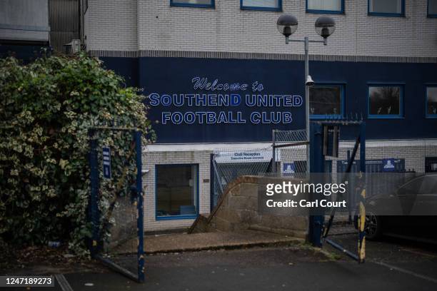 Signage is displayed at Roots Hall football stadium, home of Southend United Football Club, on February 16, 2023 in Southend, England. 116-year-old...