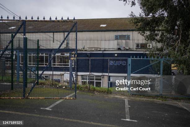 Signage is displayed on the exterior of Roots Hall football stadium, home of Southend United Football Club, on February 16, 2023 in Southend,...