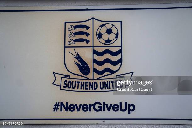 The club logo is displayed by the entrance to Roots Hall football stadium, home of Southend United Football Club, on February 16, 2023 in Southend,...