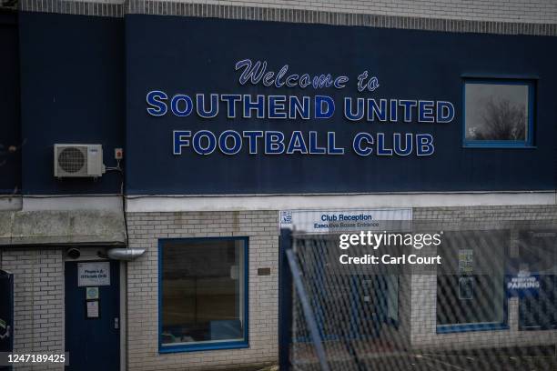 Signage is displayed at Roots Hall football stadium, home of Southend United Football Club, on February 16, 2023 in Southend, England. 116-year-old...