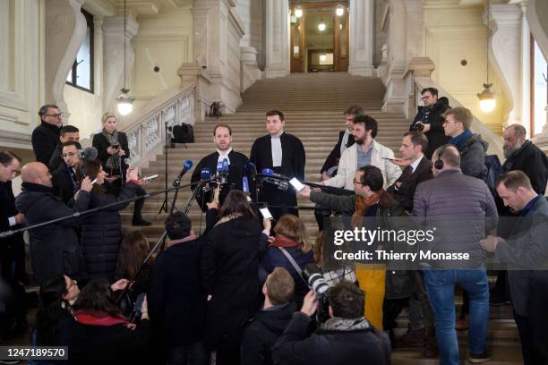 Belgium Criminal lawyer Maxim Toller speaks to media at the end of a hearing at the Court of Justice on February 16, 2023 in Brussels, Belgium....