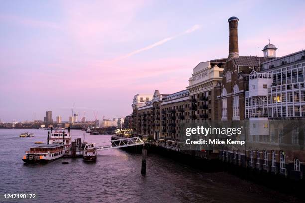 View of Butlers Wharf, an historic building on the south bank of the River Thames, now housing luxury flats and restaurants, lying between the...