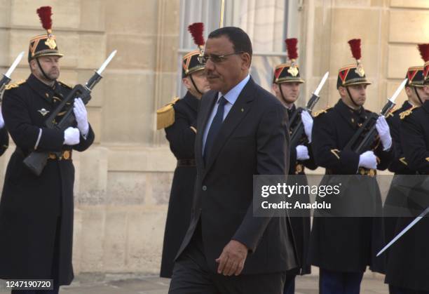 Niger President Mohamed Bazoum arrives for a meeting with French President Emmanuel Macron at the Presidential Elysee Palace in Paris, France on...