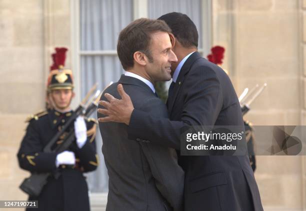 French President Emmanuel Macron welcomes Niger President Mohamed Bazoum at the Presidential Elysee Palace in Paris, France on February 16, 2023.