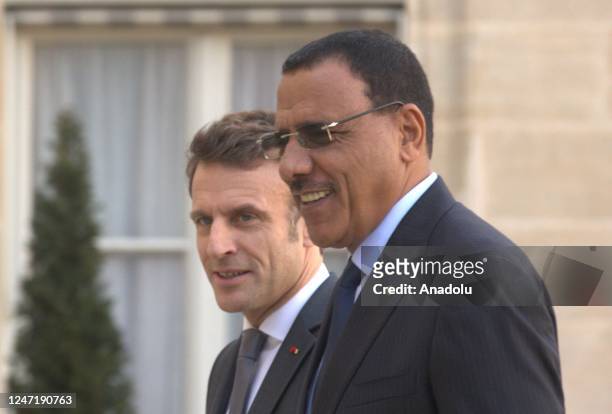 French President Emmanuel Macron welcomes Niger President Mohamed Bazoum at the Presidential Elysee Palace in Paris, France on February 16, 2023.