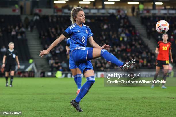 Martina Rosucci of Italy during the Arnold Clark Cup match between Italy and Belgium at Stadium mk on February 16, 2023 in Milton Keynes, England.