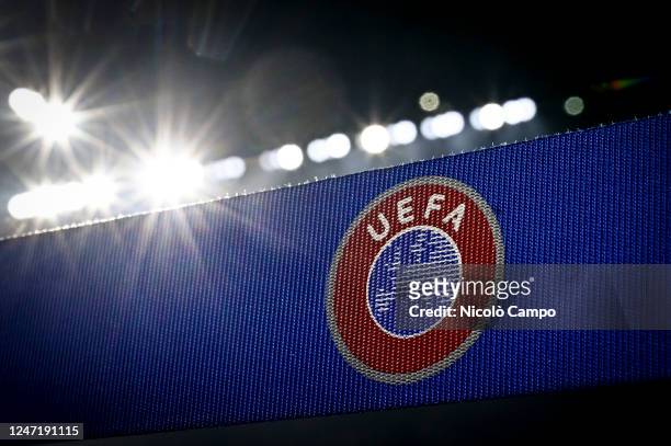 Logo of UEFA is seen prior to the UEFA Champions League round of 16 football match between AC Milan and Tottenham Hotspur FC. AC Milan won 1-0 over...
