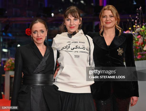 German actresses Anna Thalbach, Meret Becker and Joerdis Triebel arrive on the red carpet for the premiere of the film "She Came To Me" presented in...