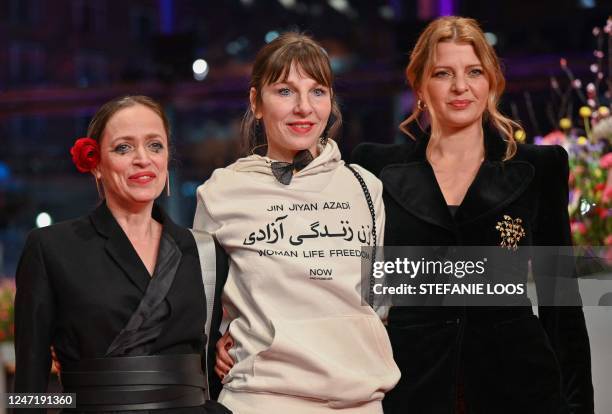 German actresses Anna Thalbach, Meret Becker and Joerdis Triebel arrive on the red carpet for the premiere of the film "She Came To Me" presented in...