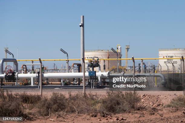 Oil pipelines and storage facilities are seen at Vaca Muerta shale oil and gas drilling, in the Patagonian province of Neuquen, Argentina February...