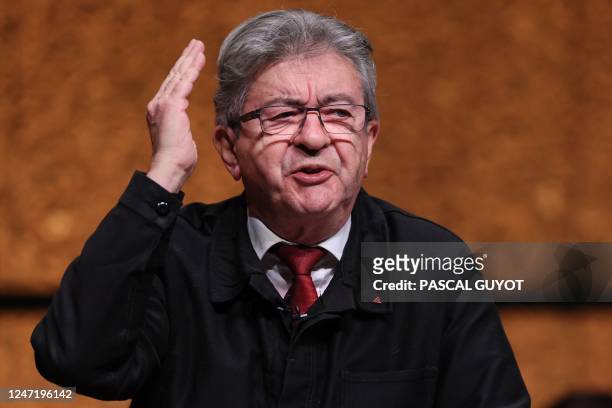 Leader of French leftist party La France Insoumise Jean-Luc Melenchon speaks during a Nupes leftist coalition meeting against pension reform in...