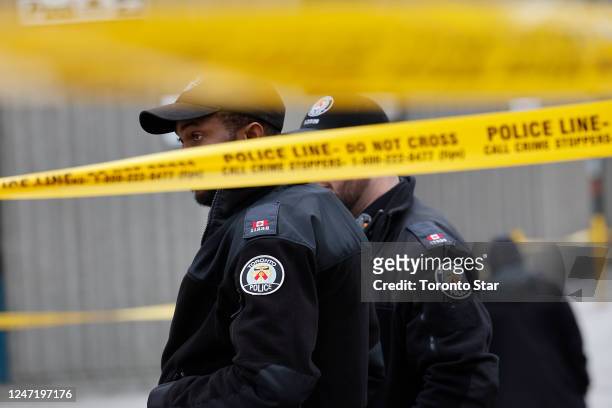 Toronto ON-Feb 16. Police lined in police tape. A student at Weston Collegiate was shot outside the school. Early reports are a 15 year old boy was...
