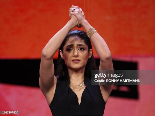 Iranian-French actress and jury member Golshifteh Farahani reacts on stage during the Opening Gala of the Berlinale, Europe's first major film...