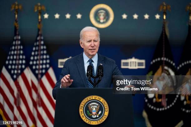 President Joe Biden addresses the media in the Eisenhower Executive Office Building about the aerial objects shot down over the U.S. And Canada...