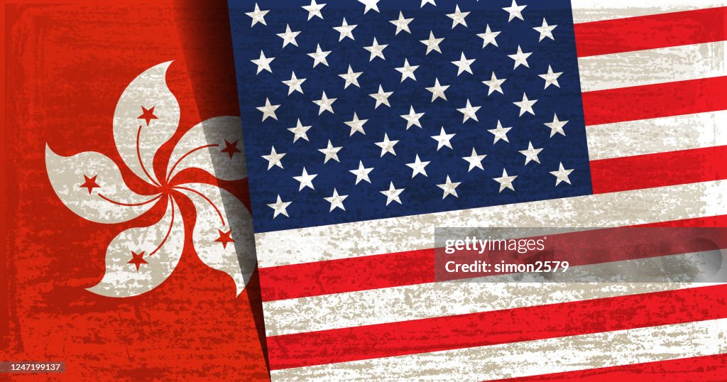 Relations between Hong Kong and USA with grunge textured background