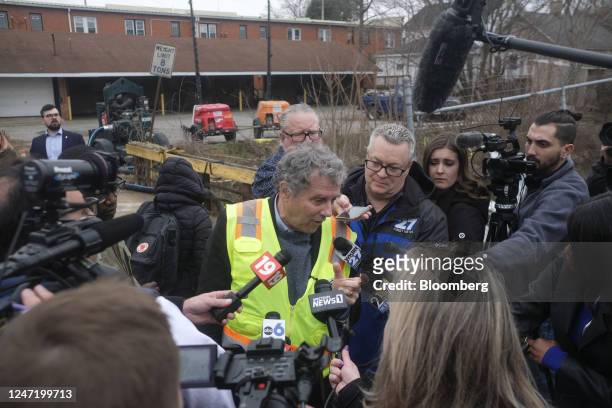 Senator Sherrod Brown, a Democrat from Ohio, speaks to members of the media in East Palestine, Ohio, US, on Thursday, Feb. 16, 2023. Nearly two weeks...