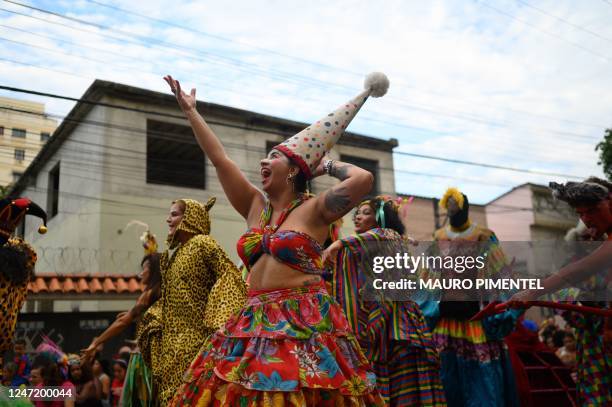 Revelers take part in a street carnival parade of the "Loucura Suburbana" block at the Engenho de Dentro neighborhood in Rio de Janeiro, Brazil, on...