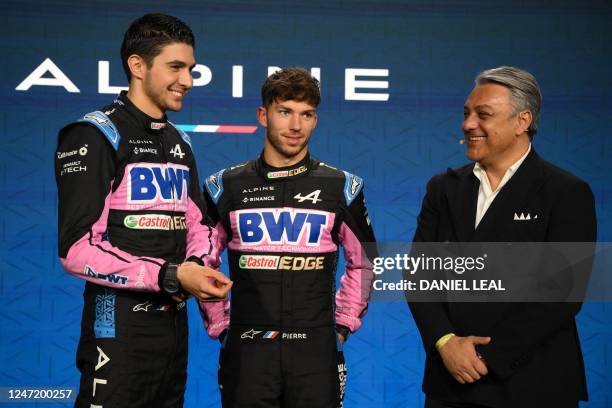 Renault Group's Chief Executive Luca De Meo talks with French drivers Pierre Gasly and Esteban Ocon during BWT Alpine F1's 2023 season launch, in...