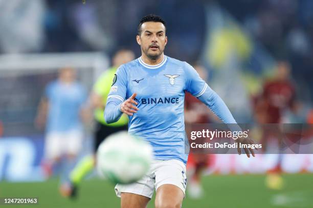 Pedro of SS Lazio controls the ball during the UEFA Europa Conference League knockout round play-off leg one match between SS Lazio and CFR Cluj at...