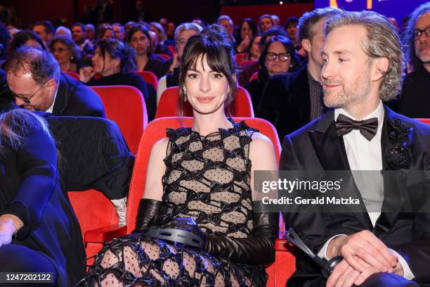 Anne Hathaway and husband Adam Shulman attend the "She Came to Me" premiere and Opening Ceremony red carpet during the 73rd Berlinale International...