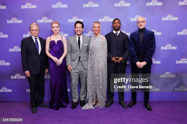 Michael Douglas, Kathryn Newton, Paul Rudd, Evangeline Lilly, Jonathan Majors and Peyton Reed attend the UK Gala Screening of "Ant-Man And The Wasp:...