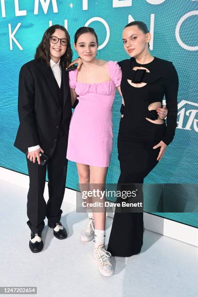 Bella Ramsey, Frankie Corio and Dafne Keen attend the Newport Beach Film Festival UK Honours 2023 at The Londoner Hotel on February 16, 2023 in...