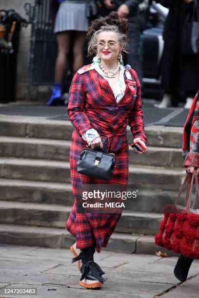 Helena Bonham Carter is seen arriving to the Dame Vivienne Westwood Memorial Service on February 16, 2023 in London, United Kingdom.