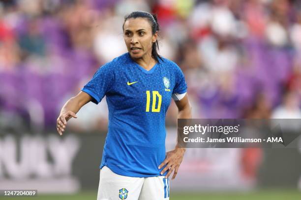 Marta of Brazil during the 2023 SheBelieves Cup match between Japan and Brazil at Exploria Stadium on February 16, 2023 in Orlando, Florida.