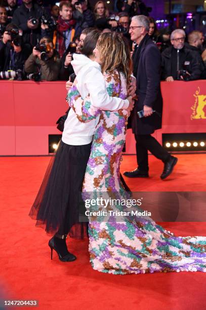 Meret Becker and Anne Ratte-Polle attend the "She Came to Me" premiere and opening ceremony red carpet during the 73rd Berlinale International Film...