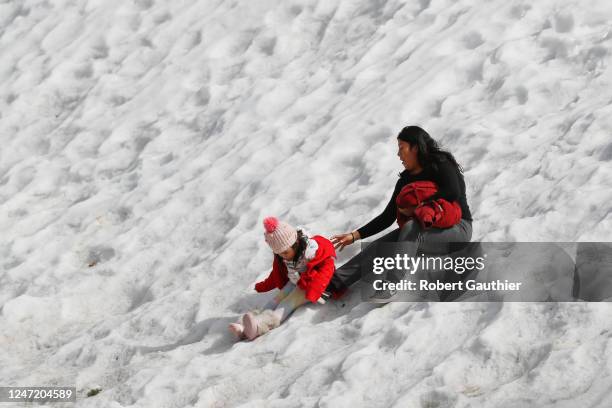 Mt. Baldy, CA, Thursday, February 16, 2023 - Michel Martinez Morales steadies her young sister, Melanie as they frolic on a snowy roadside near Mt....